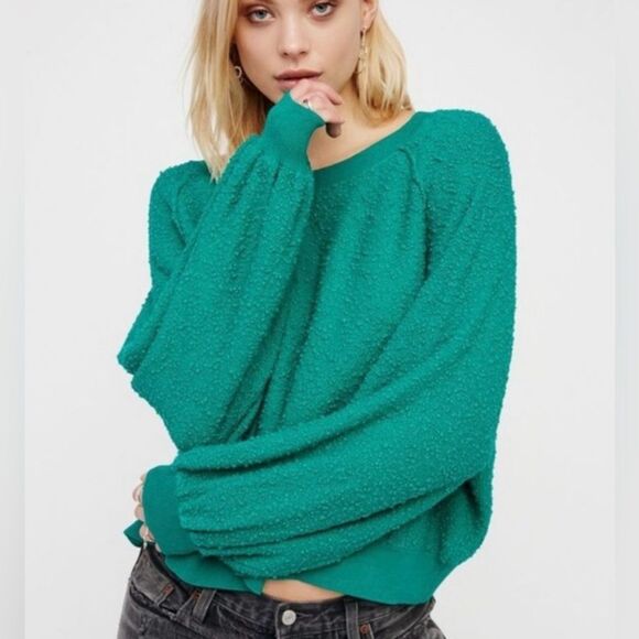 Free People Teal Boucle Cotton Blend Found My Friend Pullover Sweatshirt - Picture 2 of 12
